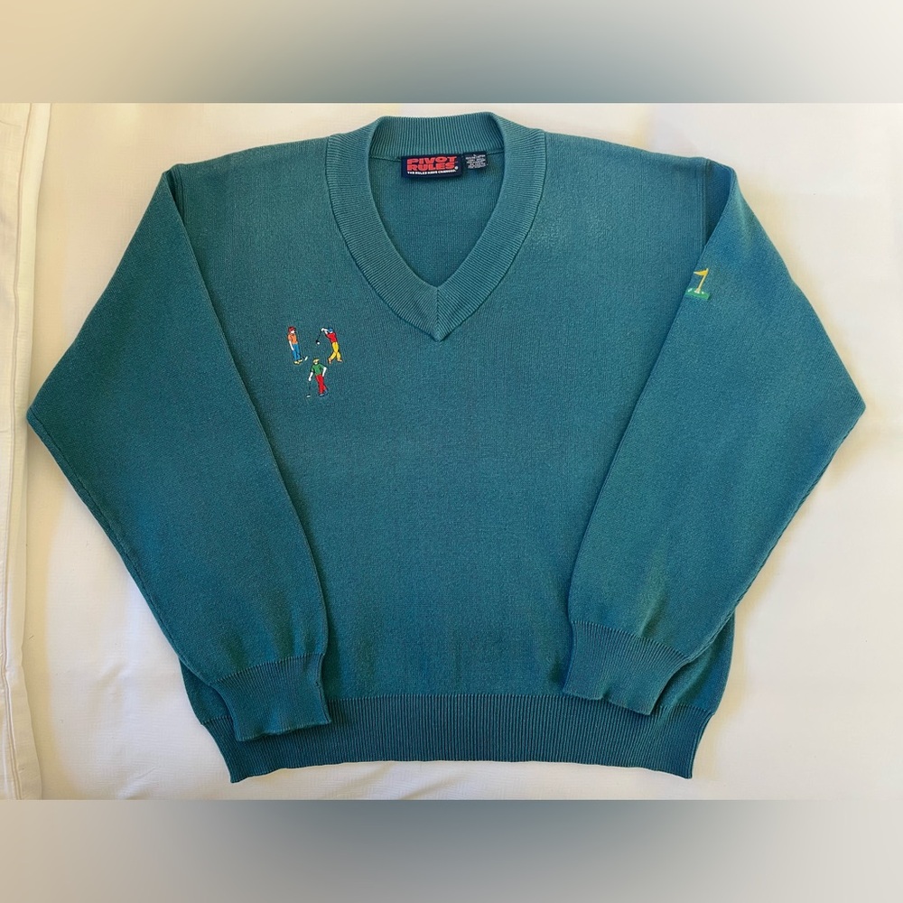 Vintage Pivot Rules, V-neck Golf Sweater sweater, Men's L, Teal